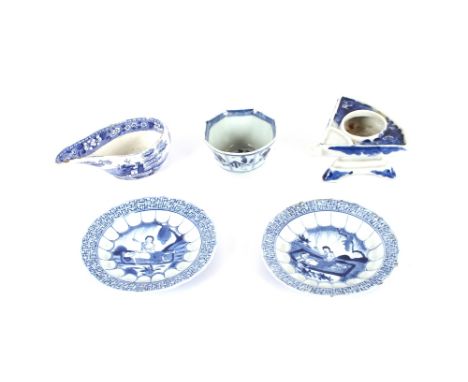 A Copeland blue and white pap boat; a Chinese blue and white octagonal tea bowl; a pair of Chinese saucers; and a Japanese sa