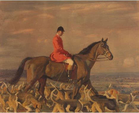 Alfred Munnings, pencil signed print, portrait of Major Bouch with the Belvoir Hounds