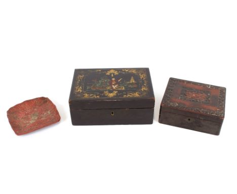 An Oriental decorated trinket box, contents to include numerous painted Indian counters; a Kashmiri hinged box and cover; a c