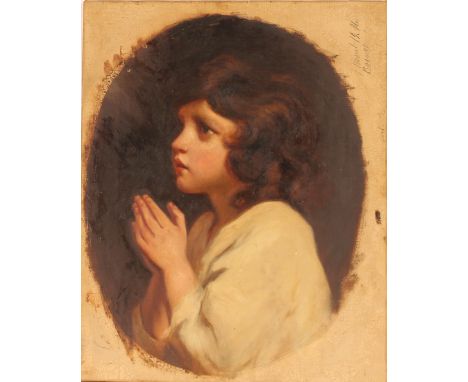 19th Century school, portrait study of a young girl praying, unsigned oil on canvas, 51cm x 40cm overall