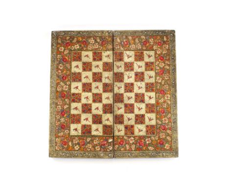 A very fine 19th Century folding chess/backgammon board, beautifully decorated together with two matching dice shakers, (poss