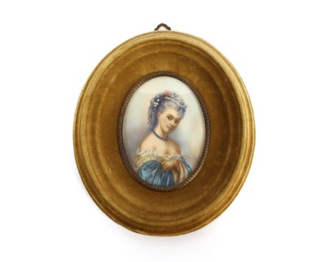 An oval miniature portrait, study of a young beauty, in plush frame; three coloured prints depicting children; and a pair of 