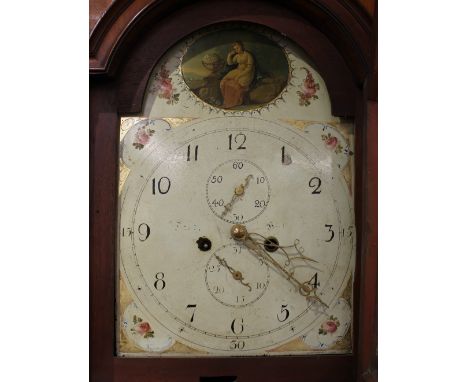 A Georgian mahogany and satinwood strung long case clock, painted dial and 8 day movement beneath a pagoda shaped hood, inscr
