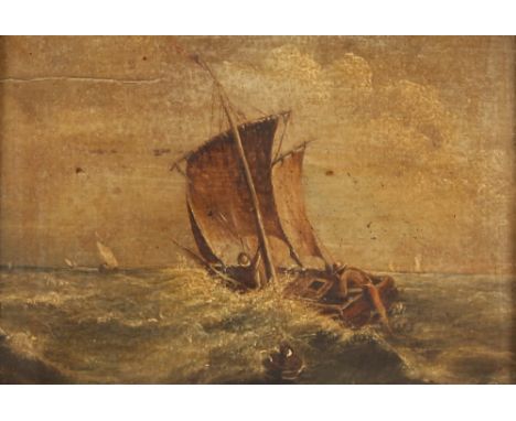 A.J. Andrews, 1889, after John Moore, 19th Century seascape depicting fishing boat in heavy swell, unsigned oil on board, 14c