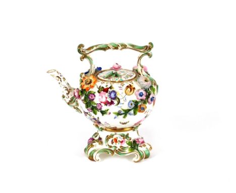 A Coalport floral encrusted tea kettle on stand, matching sucrier and cover; and a pair of posy vases, (4)