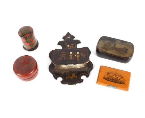 A Russian papier mache snuff box, decorated with a scene of a troika, AF; an Oriental papier mache posy holder; a Tartanware 
