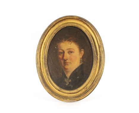 19th Century school, oval portrait study of a lady, unsigned oil on board, framed as an oval, 37cm x 26cm