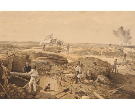 Three lithograph prints, of&nbsp;Crimean War battles, "2nd Charge of the Guards", "Sketch in the interior of the Mamelon Vert