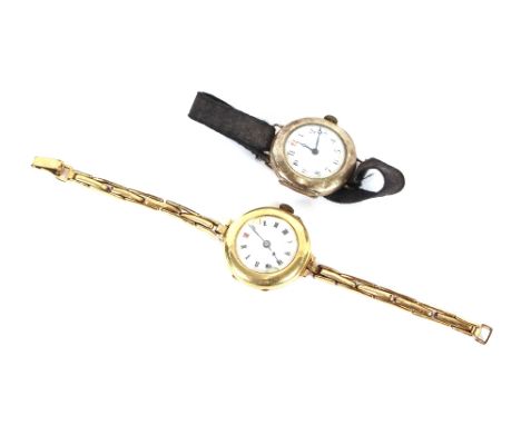 A 9 carat gold ladies wrist watch, on expanding bracelet strap; and a silver cased ladies wrist watch with enamel dial, (2)