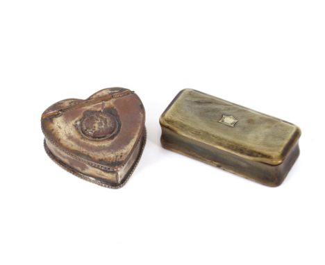 A 19th Century Scottish horn snuff box; and another 19th Century plated heart shaped snuff box, (2)