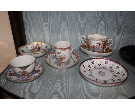 A Dresden porcelain chocolate cup and saucer; a German porcelain shallow tea cup; a famille rose decorated tea cup and saucer