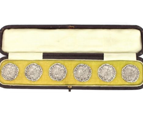 Six silver hallmarked buttons in original box; and&nbsp;a pair of red enamel/silver/glass condiments, in original box