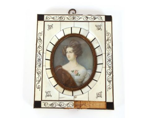 A classical style plaque, in simulated maple frame and a miniature portrait study in faux ivory and tortoiseshell frame, insc