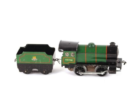 A Hornby engine and coal wagon; a Meccano engine; 8 various wagons; signal-level crossing/buffers; a railway platform named "