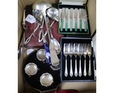 A cased set of four embossed silver bun salts and spoons, sundry plated flatware, etc., including a set of six silver-bladed 
