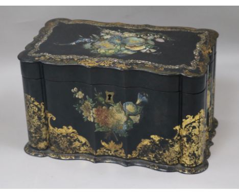 A Victorian painted papier mache tea caddy width 23cm height 13cm