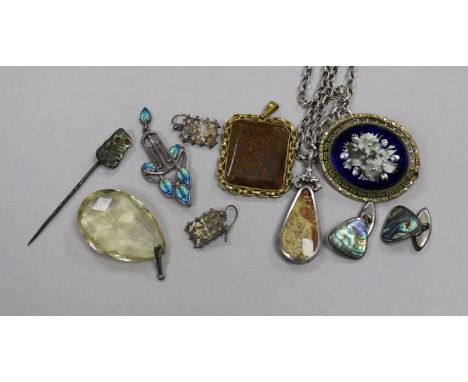 A pair of white metal earrings, enamel pendant, agate pendant and other items including cufflinks, brooches & pendant.