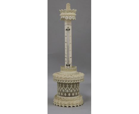 An Indian carved and pierced ivory thermometer stand (a.f)