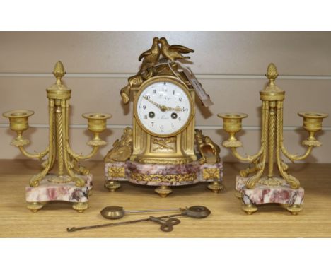 A French ormolu and marble clock garniture