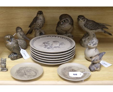 A collection of Poole Pottery bird-related models and plates and a Ken Norris resin owl, etc.