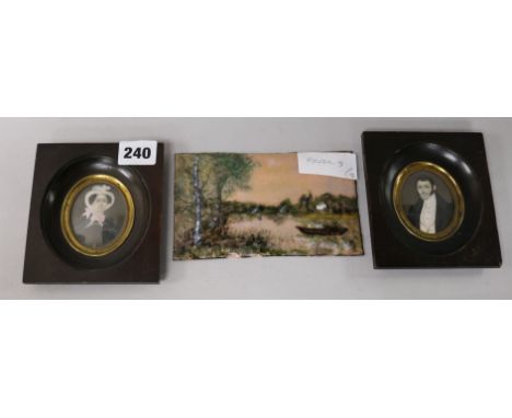 A pair of 19th century French portrait miniatures on ivory and a Limoges enamel panel