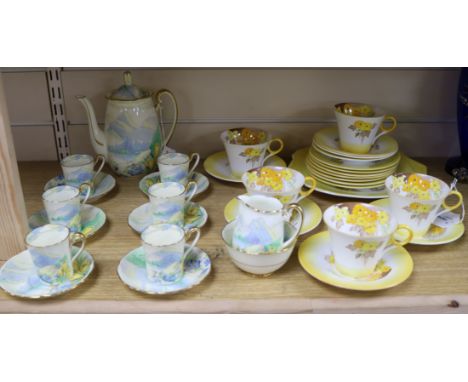 A Shelley yellow Phlox pattern part tea service and a Grafton Snowdonia coffee service, the Shelley service comprising cake p