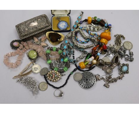 A mixed quantity of items including a silver trinket box, silver concorde cufflinks and costume jewellery.