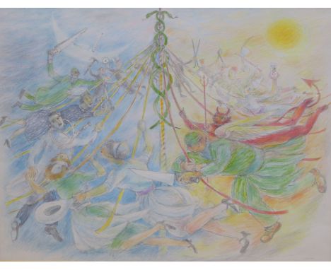Betty Swanwick R.A. (1915-1989), coloured pencil, "Dream" sketch of a maypole, said to have been drawn whilst she was in hosp