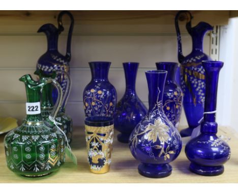 A quantity of Bristol blue enamel-decorated glassware
