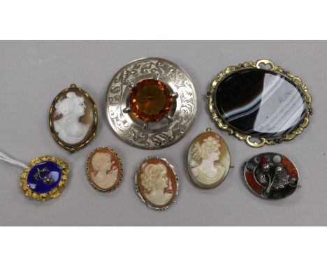 Eight assorted 19ct century and later brooches, including diamond and enamel, agate and cameo.