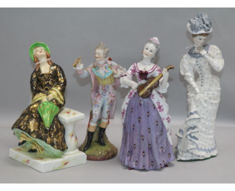 A Crown Charleston ceramic figure, 'April Showers' and three other figures, including an elegant Edwardian lady, a Continenta