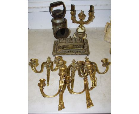 An Aesthetic Movement brass inkstand, c.1880; a Neo-Classical gilt bronze candelabrum; a railway lamp; a set of brass wall sc
