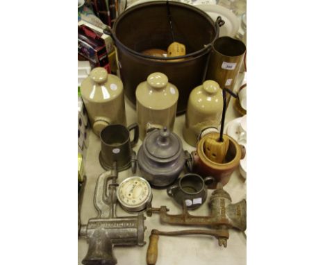 Boxes &amp; Objects - 19th century pewter caddy; copper pan; shell case vase; stoneware warmers; etc qty