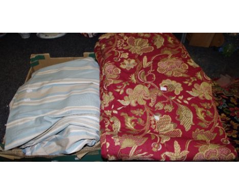 Textiles a pair of John Lewis pastel striped curtains, width 200cm x 126cm drop;  two pairs gold brocade on a ruby ground, 25