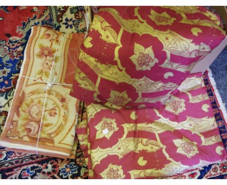 Textiles - Laura Ashley Venetian Gold and Claret curtains, 2.20m drop x 2.12m drop;  others, similar;  a hand stitched wool r