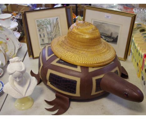 A patchwork leather turtle pouf; straw hat; Dansette record player; 19th century lithographs; etc 