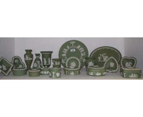 Green Wedgwood Jasperware vases, plates, trinket boxes and covers, pin dishes etc. (19)