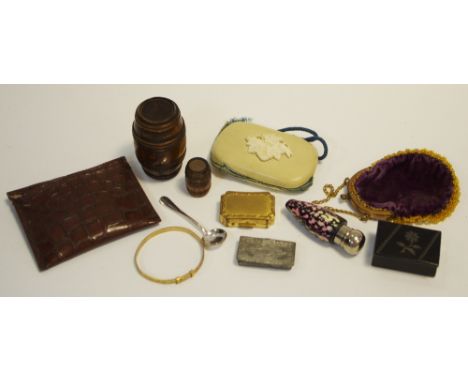 A 19th century novelty scent bottle, as a shell; a papier mâché snuff box; purses; a christening bracelet; a Jewish treen bar