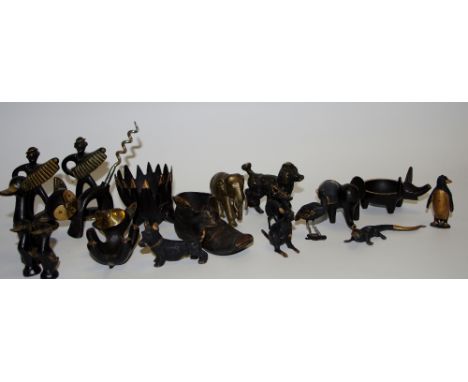 A collection of cold painted bronze novelty animals, in the manner of Walter Bosse; another bronze model of an elephant; etc