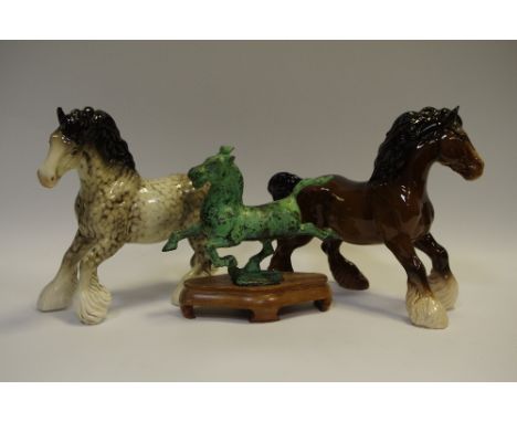 A Beswick Dapple Grey shire horse (af); another bay; a bronze galloping horse on stand (3)