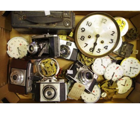 Cameras and clocks - a Kodak Model B cine camera other still cameras including Agfa, Silette, bellows cameras etc. Ruhla dial