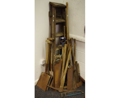 Tools - axes; handsaws; picks; shovels; step ladder; pitchfork etc.