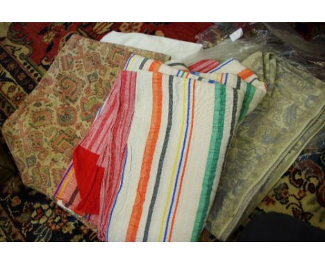 Textiles - a pair of  vintage single bed covers, stripped, c.1950;  two early 20th century bed spreads, lavender and rose;  e