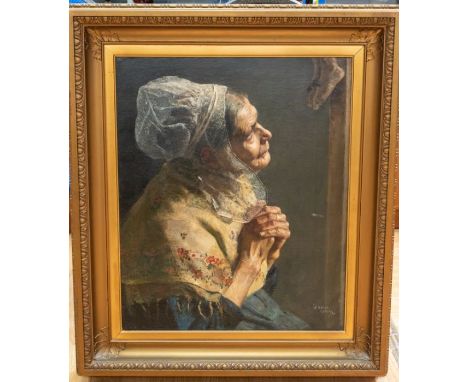 W Walls (19th Century)Devotion - portrait of an elderly Lady praying, she wears white bonnet, embroidered shawl, blue dressoi