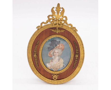 Jean Guy (French, 19th Century)Portrait miniature of a Lady in 18th Century dress, powdered wig, hat with ostrich flumesoval,