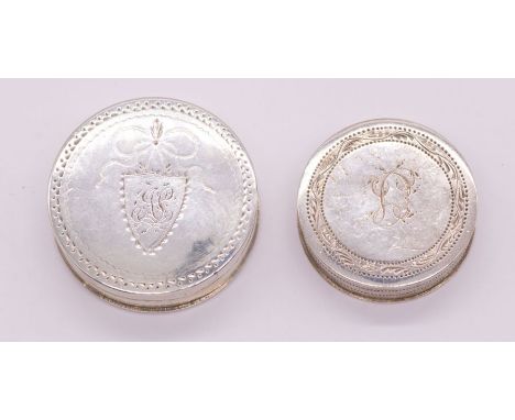 A George III silver patch box and cover, the cover with bright cut engraved ribbon tied shield shaped cartouche with initials