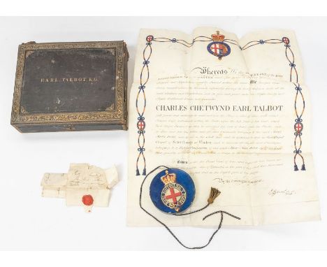 An early Victorian Order of the Garter Seal presentation box with manuscript bestowing the honour to Charles Chetwynd, Earl T