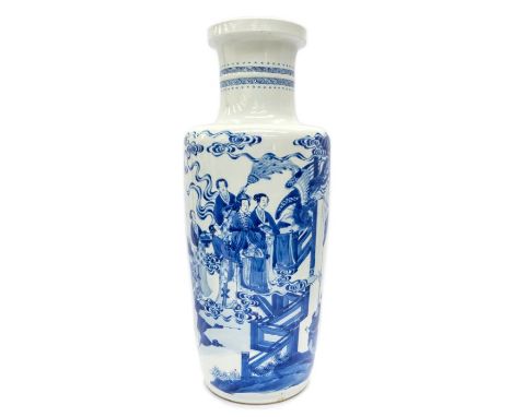 A Chinese large blue and white porcelain rouleau vase, Kangxi Period (1662-1722), painted with two dignitaries and four atten