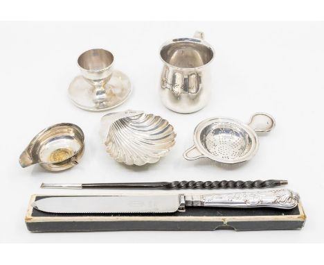 A collection of silver &amp; plate to include: a George III silver toddy ladle inset with coin, the handle detached, hallmark