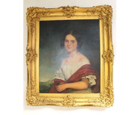 Attributed to Sir George Hayter (1792-1871)Portrait of Elizabeth Gillingham aged 14, wearing white dress with tartan shawloil